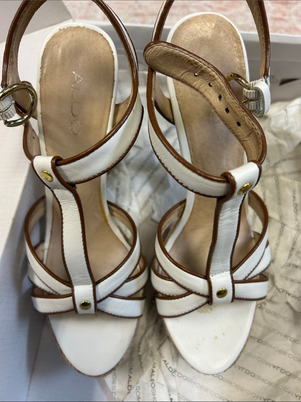 Aldo White and Tan Espadrille Platform T‑Strap Heels - Picture 5 of 8